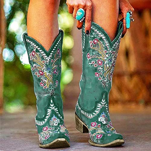 Dasongff Botas altas para mujer con tacón largo para mujer, bordadas, impermeables, estilo vintage, cómodas, antideslizantes, estilo motero, retro, anchas, botas de cowboy