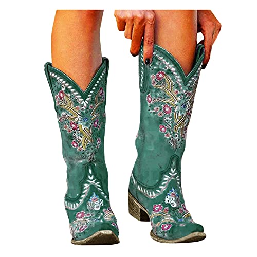 Dasongff Botas altas para mujer con tacón largo para mujer, bordadas, impermeables, estilo vintage, cómodas, antideslizantes, estilo motero, retro, anchas, botas de cowboy