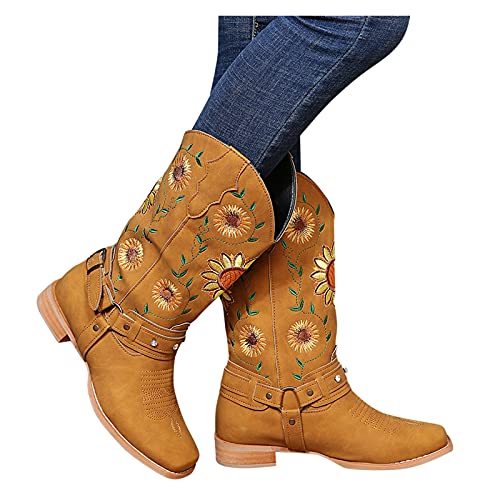 Dasongff Botas altas para mujer, planas, bordadas, botas de invierno, impermeables, clásicas, elegantes, para motoristas, cómodas botas anchas