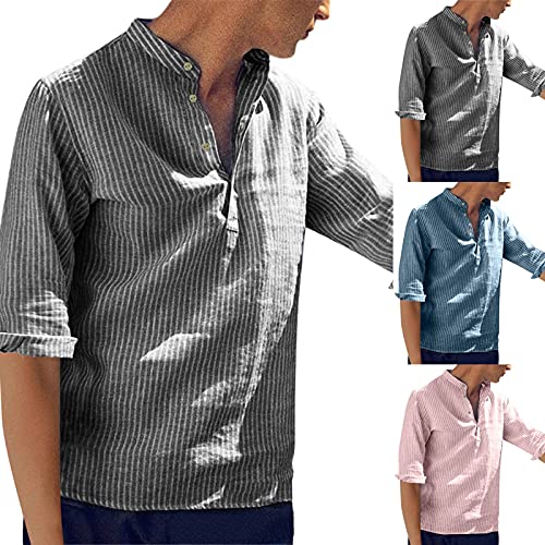 Dasongff Camisa de hombre de manga corta con cuello alto, para tiempo libre, a rayas, camisa de verano, camisa de negocios, ajustada, informal, ligera, monocromática, básica