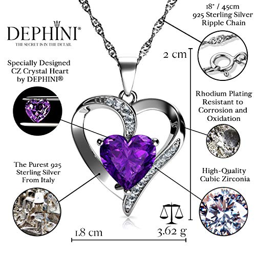 DEPHINI - Collar con corazón de color morado, plata de ley 925, colgante de cristal con circonita cúbica