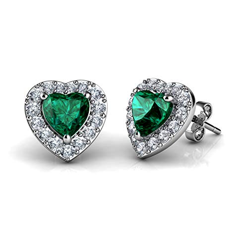 DEPHINI Pendientes de corazón verde de plata de ley 925 con colgante de cristal de circonio cúbico de plata de ley 925 con piedra de nacimiento fina para mujer