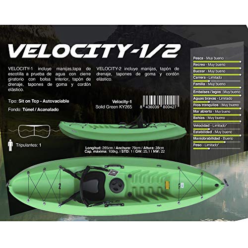 Devessport - Kayak Velocity 1 | Kayak para 1 Persona Tipo sito on Top - autovaciable | Fondo Tunel o Acanalado | Peso máximo 108 kg