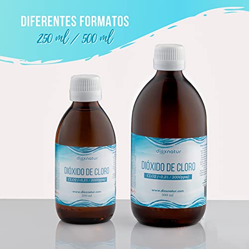 DIOXNATUR® Dióxido de cloro 3000 ppm (250 ml). CDS Fabricado en España. Fabricación reciente.Botella de vidrio.
