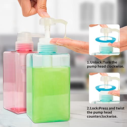 Dispensador de jabón,botella de bomba recargable de plástico,2 contenedores de líquido (450 ml) para baño,cocina,champú/ducha (rojo claro y azul claro)