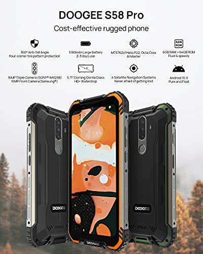 DOOGEE S58 Pro (2021) Móvil Resistente 6GB+64GB, 5180mAh, Cámara Triples 16MP+Cámara Frontal 16MP Teléfono Libre 4G Android 10, 5.7 Pulgada IP68/IP69K Smartphone Todoterreno, NFC/GPS, Negro