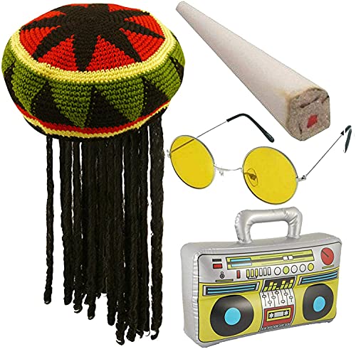 Dreamzfit - Rastafarian, Bob Marley Rasta Dreadlocks Sombrero Falso Spliff, Gafas Amarillas y Caja Inflable Boom Box Jamaican Beach Caribe Fancy Dress
