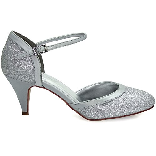 ElegantPark HC1510 Zapatos de Novia Tacon Alto Correas de Tobillo Cerradas Glitter Zapatos de Fiesta de Boda Mujer Plata EU 39
