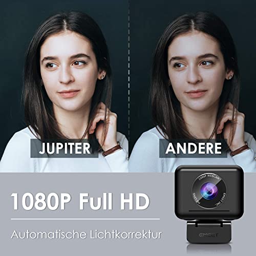 eMeet Webcam 1080P Jupiter AI - Webcam con detección Facial (Full HD, con Altavoz, Campo de visión de 96°, con corrección de luz, Plug & Play, para Win10, Mac OS X, Linux, Skype, Conferencia)