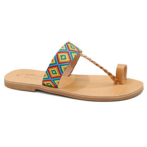 Emmanuela - Sandalias de algodón griego bordadas con anillo de dedo del pie, zapatos étnicos de verano para mujer, estilo bohemio chic, sandalias planas hippie y tribales, Multicolor, 38 EU