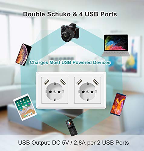 Enchufe Doble con USB Toma de pared Enchufe Superficie USB Schuko Enchufe para Smartphone, Tableta, MP3, etc.