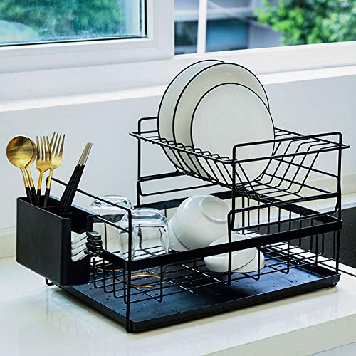 Estante de secado de platos de cocina desmontable de 2 niveles con bandeja de agua Soporte de utensilios para encimera Juego de organizador de platos