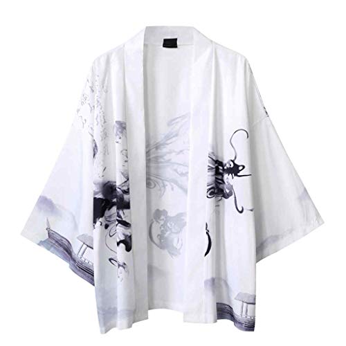 Estilo japonés Kimono Tokio Streetwear Haori Hombres Mujeres Harajuku Cardigan Japón Niña Túnica Dragón Chino Ropa Beachcoat, blanco, XL