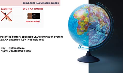 Exerz Globo terráqueo Iluminado 21cm con Iluminación LED Sin Cables Día Y Noche - Mapa de Ingles - Mapa Político / Estrellas De Constelación