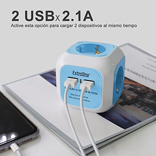 Extrastar PowerCube (Extended USB 1.5 m) Regleta de 4 Salidas, con 2 para Carga de USB 5V (Azul)