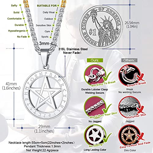 FaithHeart Pentáculo Estrella de Cultura Nórdica Colgante Redondo Acero Inoxidable 316L Regalo Amuleto Protección Joyerías Modernas de Estilo Retro para Hombres