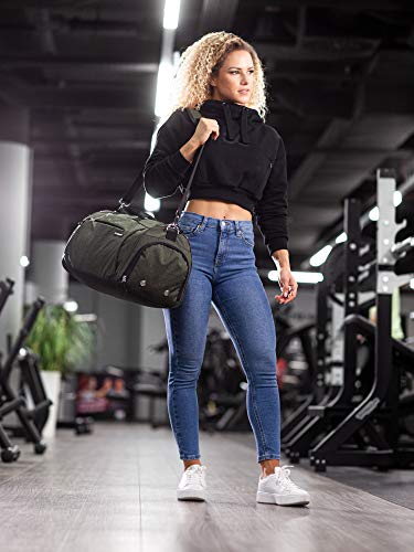 Fitgriff® Bolsa Deporte Fitness - Hombre y Mujer - Bolsa de Viaje - Macuto con Zapato y Compartimento Húmedo - de Gimnasio, Gym (Army Green, Medium)