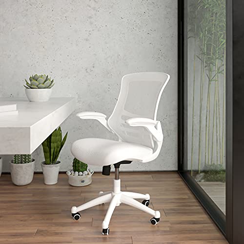 Flash Furniture Silla de escritorio ergonómica, giratoria, respaldo medio, de malla, armazón blanco y reposabrazos abatibles, color Blanco