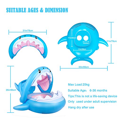 Flotador para Bebé Piscina Tiburón Tabla Hinchable con Inflable Toldo ,Barco Inflable Flotador para 6-37 Meses Niños