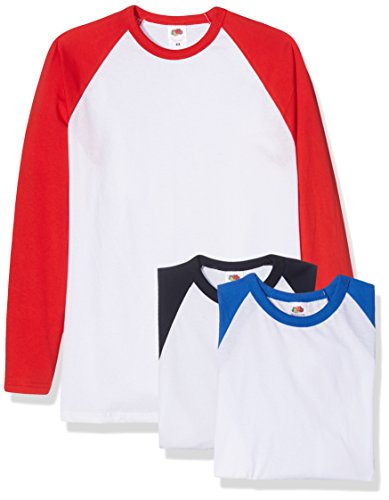 Fruit of the Loom Baseball Classic Long Sleeve Camiseta, Blanco Azul Marino/Blanco Rojo/Blanco Azul Royal, XXL (Pack de 3) para Hombre