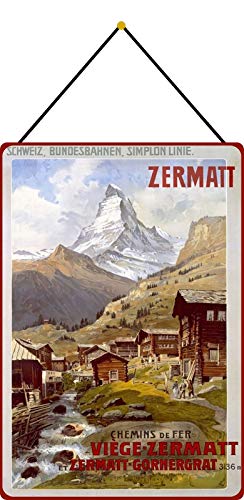 FS Zermatt - Cartel de chapa (20 x 30 cm, con cordel), diseño de pueblo en la montaña