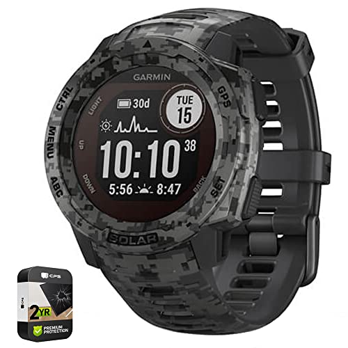 Garmin 010-02293-15 Instinct Solar Rugged Outdoor Watch Camo Edition Graphite Camo Bundle with 2 Year Accidental Repair and Extended Protection Plan