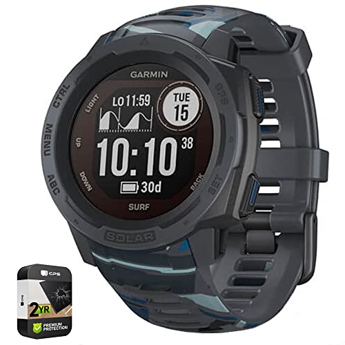 Garmin 010-02293-17 Instinct Solar Rugged Outdoor Watch Surf Edition Pipeline Bundle with 2 Year Accidental Repair and Extended Protection Plan