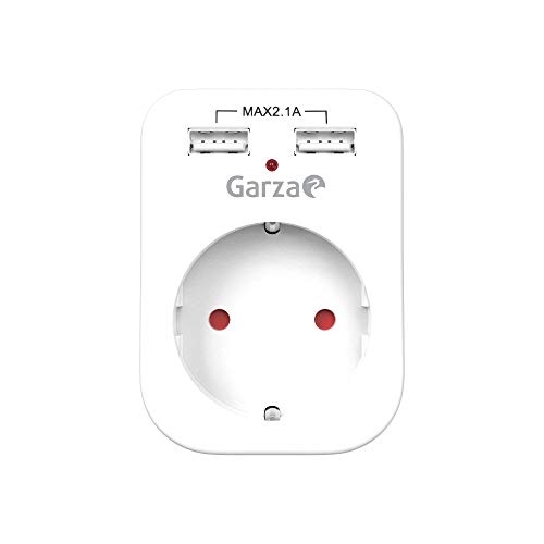 Garza Power - Adaptador de 1 toma Schuko + 2 Conexiones USB, protección Infantil, color Blanco