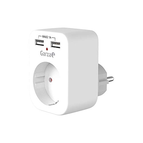 Garza Power - Adaptador de 1 toma Schuko + 2 Conexiones USB, protección Infantil, color Blanco