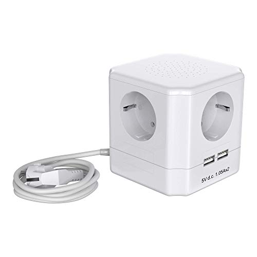 Garza Power - Base múltiple Cubo de 4 tomas Schuko con Interruptor + 2 Conexiones USB, cable 1.5mm x 1.5 metros, color Blanco