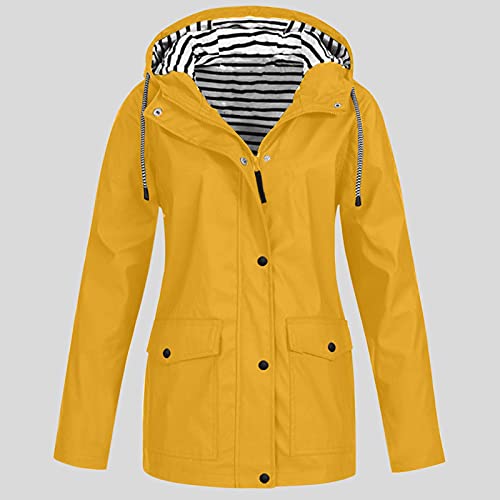 Ghemdilmn Friesennerz - Chubasquero para mujer, cortavientos, chaqueta de entretiempo para exteriores, impermeable, con capucha, resistente al viento, ligera, amarillo, M