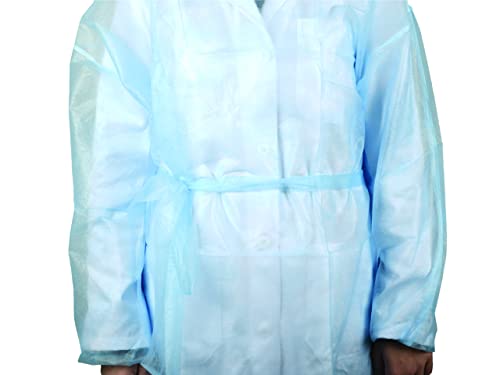 Gima - Bata de TNT de polipropileno (PP), desechable, impermeable, no estéril, 25 g, talla media, color azul, cordones en la cintura y en el cuello, puños elásticos, mangas largas, 100 unidades