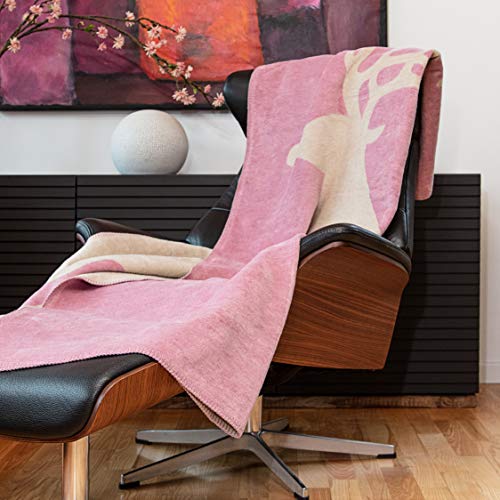 Glart - Manta XL de lana suave y gran capacidad térmica, mullida felpa para acurrucarse o cubrir el sofá, 150 x 200 cm, estampado de renos rosa