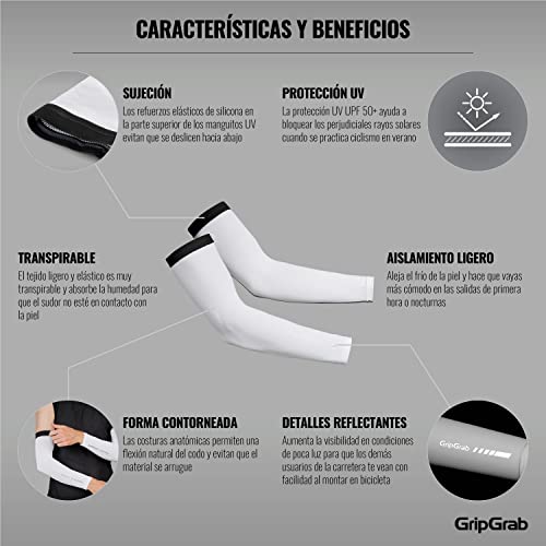 GripGrab UPF 50+ UV-Protection Arm Sleeves Anti-Slip Thin Breathable Summer Warmers for Biking Hiking Running Outdoors, Blanco, S