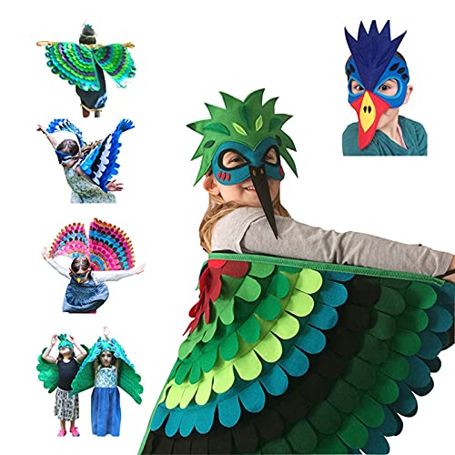 Hao-zhuokun Disfraces para niños,pájaro búho Loro Capa de alas de Colores con máscara de Ojos de Fieltro,Juego de 2 Piezas,Fiesta de Baile,Disfraz de Halloween,Regalo de Cosplay para niños y niñas