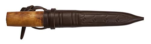 Helle Cuchillo de caza para adultos de acero al carbono, triple capa, mango de madera de abedul engrasado, funda de piel marrón, 22 cm