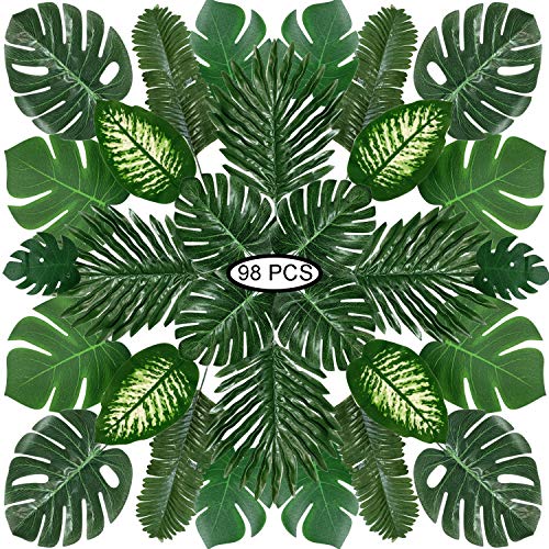 Hojas de Palma Artificiales, PietyPet 98 Piezas 8 tipos Verde Plantas Artificiales, Falso Hojas de Monstera con tallos para Luau, Fiestas Decoraciones Eventos, Bodas, Hawaiano