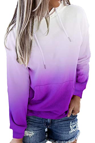 HVEPUO Otoño Invierno Jersey Color Degradado Pastel Sudaderas Mujer con Capucha Estampado De Tops Morado L