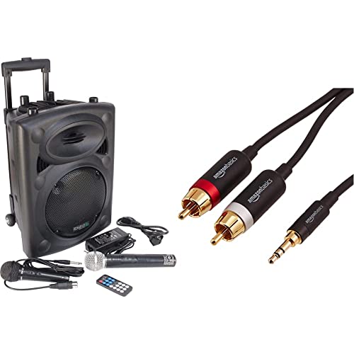 Ibiza Sound Port8Vhf-Bt Sistema De Sonido Portátil Y Autónomo De 8%22/20 Cm, Bluetooth, Wireless, Potencia Maxima 400 W, Negro + Amazon Basics - Cable Adaptador (3,5 Mm A 2 Machos RCA, 1,22 M)