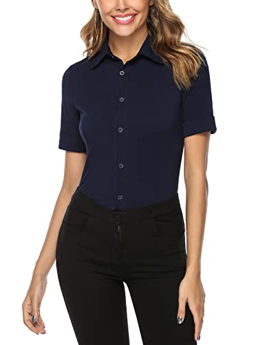 Irevial Camiseta Mujer Verano Camisa Cuello V Elegante Blusa Manga Corta con Botones para Oficina Trabajo Azul Real, L