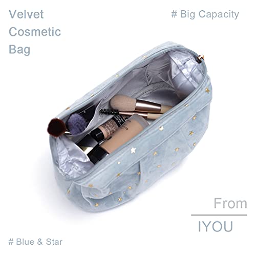 IYOU Moda Terciopelo Bolso de Cosméticos Estrella Azul Maquillaje bolsas Belleza Organizador Mano Bolsa de sujeción Portátil Viaje Maquillaje Bolsas de aseo por Mujeres y Chicas