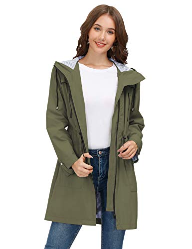 JASAMBAC Chubasqueros largos para mujer impermeables con capucha cortavientos Outwear chaqueta de lluvia gabardina, Verde ejército, Large