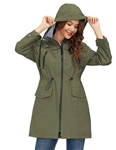 JASAMBAC Chubasqueros largos para mujer impermeables con capucha cortavientos Outwear chaqueta de lluvia gabardina, Verde ejército, Large