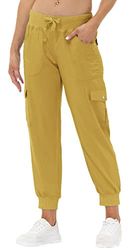 JINSHI Pantalones Mujer Cargo Pantalón Largo Trabajo Pant Deportivo Jogger Cintura Alta con Bolsillos Amarillo Pardo M