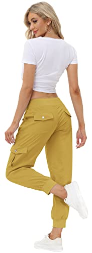 JINSHI Pantalones Mujer Cargo Pantalón Largo Trabajo Pant Deportivo Jogger Cintura Alta con Bolsillos Amarillo Pardo M