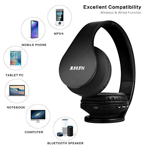 JIUHUFH Auriculares Bluetooth con Micrófono Incorporado/ Reproductor de MP3 / Radio FM / Manos Libres para Teléfonos Celulares (Negro)