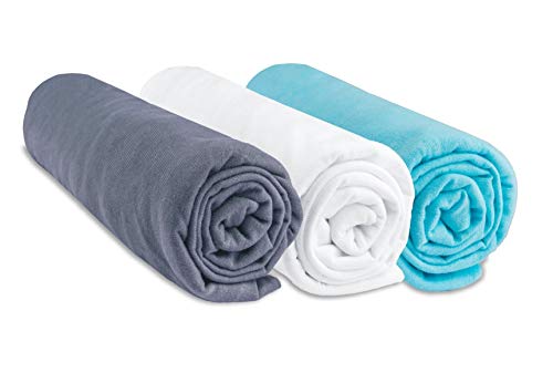 Juego de 3 sábanas bajeras para bebé de algodón, 70 x 140 cm, color gris, blanco y turquesa (marca Easy Dort)