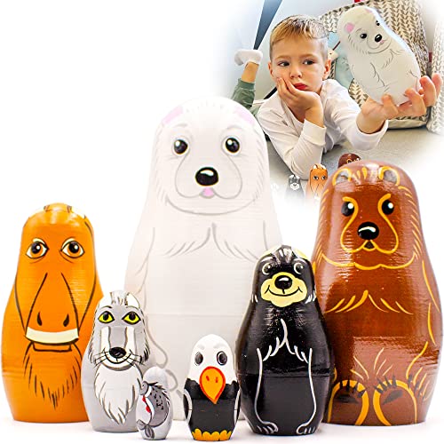 Juego de 7 figuras de animales de anidación de muñecas de animales polares para niños, juguetes de animales de América del Norte - Muñecos de anidación de especies en peligro de extinción