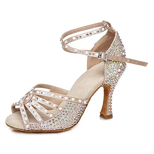 JUODVMP Zapatos Baile Latino Mujer Diamante de Imitación Zapatos Salsa Tango Mujer Model VE-YCL430-7.5,Desnudo,38EU