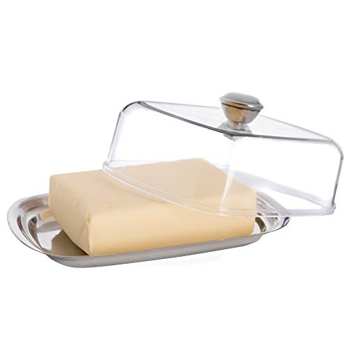KADAX Mantequera con Base de Acero Inoxidable, Tapa de plástico, Recipiente para mantener la mantequilla fresca, 15,5 x 11,5 x 7 cm, Mantequillera, mate, transparente